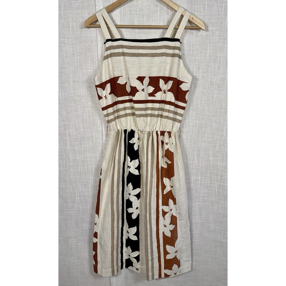 Jerell‎ Of Texas 1980's Natural 100% Linen Cream Brown Dress Women's Floral